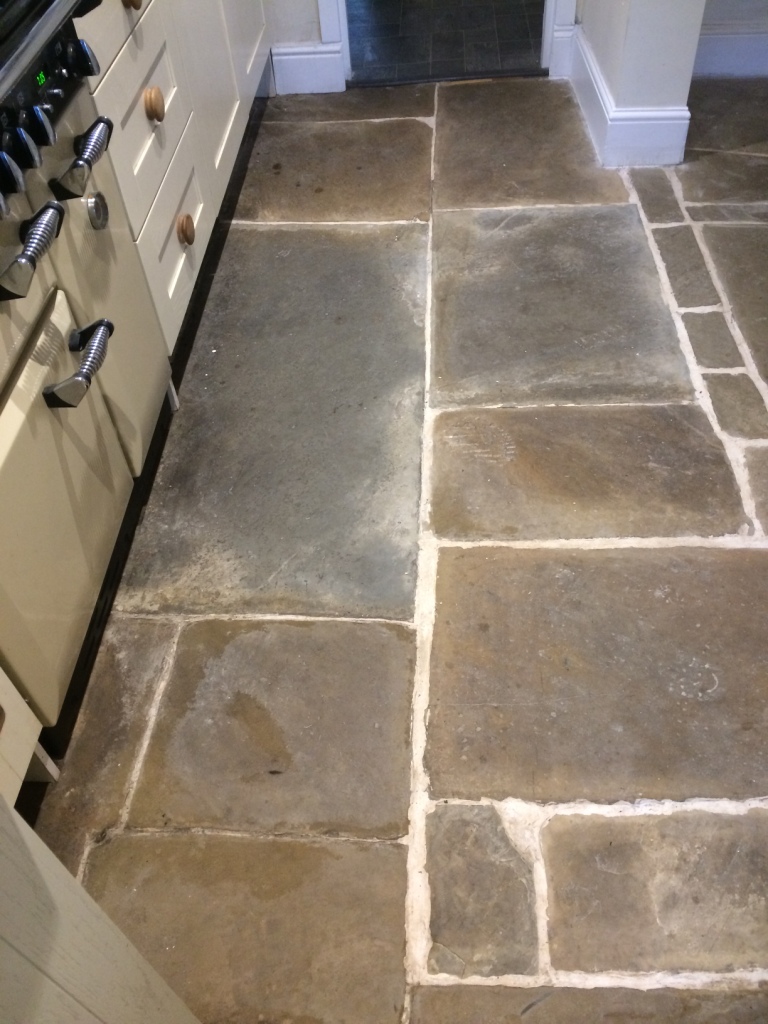 Old Flagstone Tiled Kitchen Floor Before Renovation in Stacksteads Backup