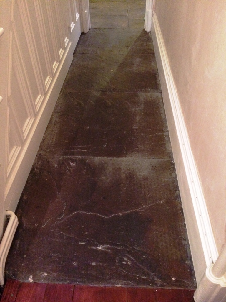 Flagstone Hallway Floor Before Cleaning Haslingden