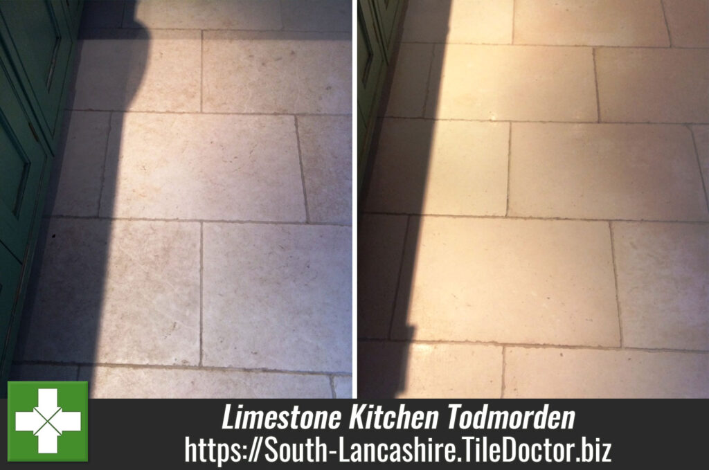 Etched and Damaged Limestone Kitchen Tiles Restored in Todmorden