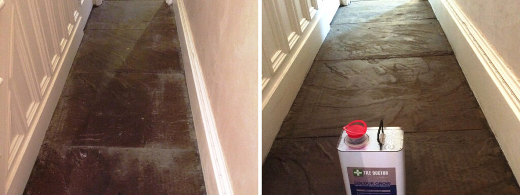 Flagstone Hallway Floor Before and After Cleaning and Sealing Haslingden